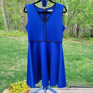 Reed Sleeveless Scuba Dress Fit Flare Marine Blue Black Piping size Large